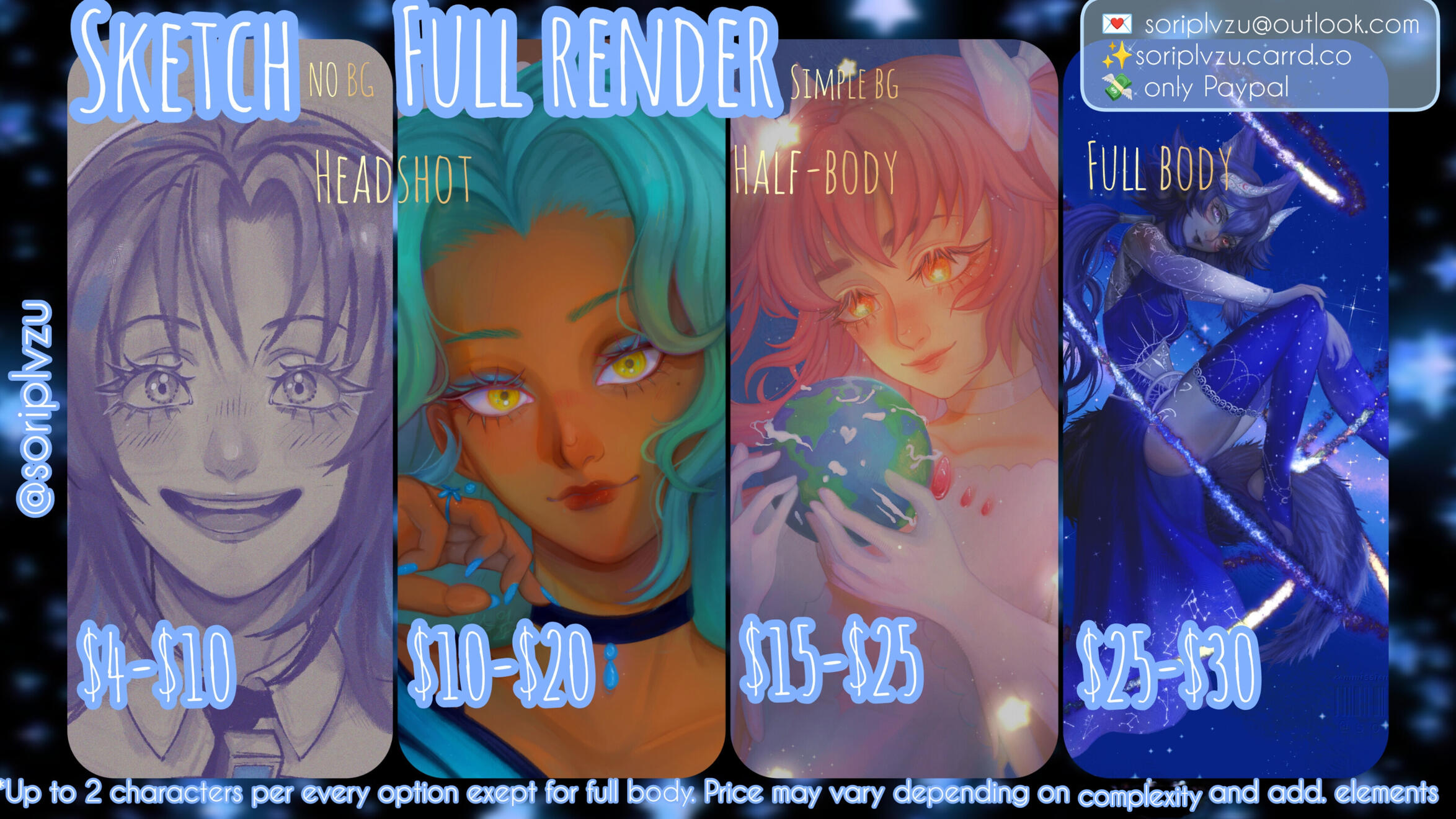 For sketch: +1$ for flat color, +3$ second character. For full render +7$ for second character exept for full-body option. The rest additions to price depends on additional elements and complicity ♡